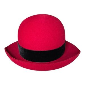 LAURA ASHLEY Vintage 80s Red Wool Felt Hat Bowler Cloche UK Made Mother & Child